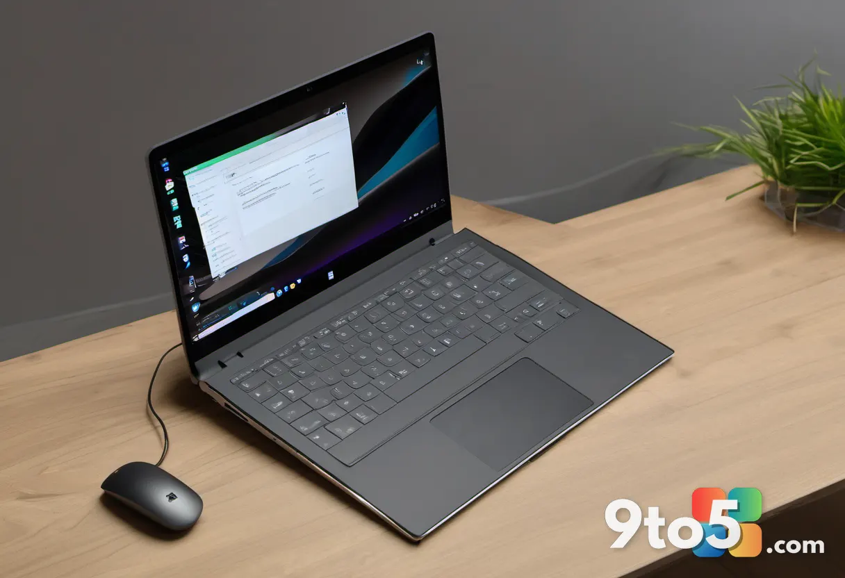 A top-down view of a compact 13-inch laptop on a wooden desk, with multiple application windows perfectly maximized to f