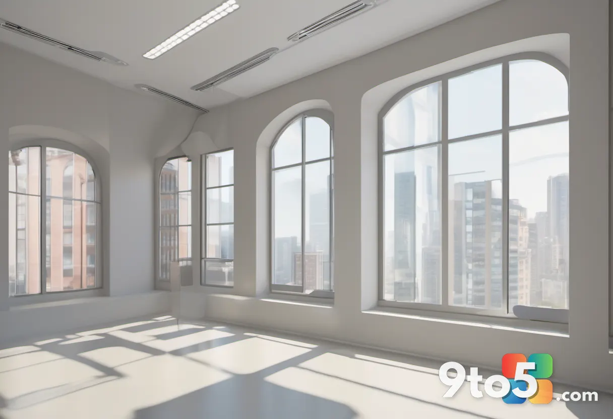 An artistic representation of window management concepts, featuring floating translucent app windows of various sizes ar