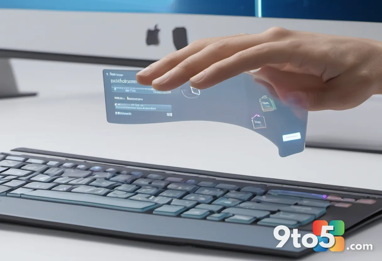 A close-up of a hand hovering over a keyboard, with a holographic File Explorer window projected above, showcasing a cle