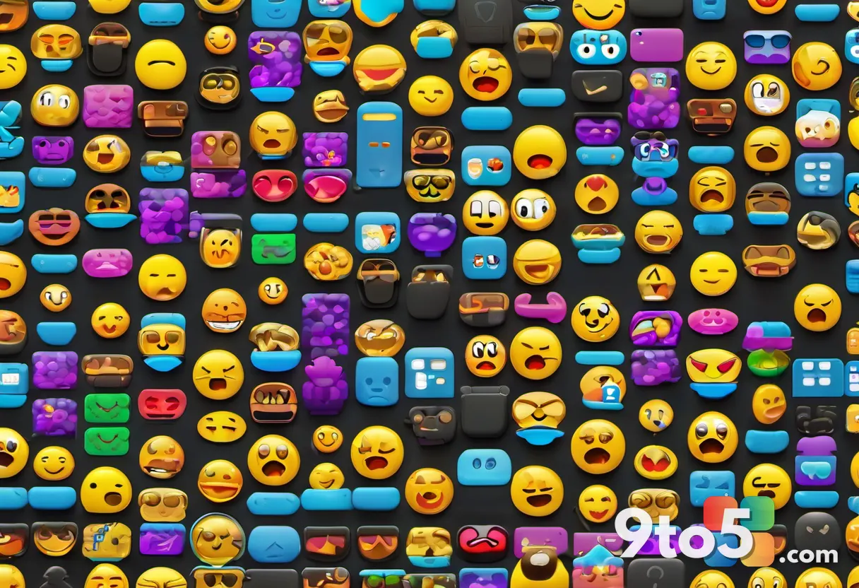 A vibrant display of colorful emoji icons arranged in a grid pattern, with a few highlighted emojis glowing softly, set
