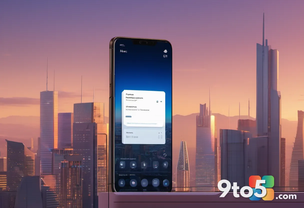 A futuristic smartphone displaying the Windows 11 interface, with a notification badge showing a certificate icon, set a
