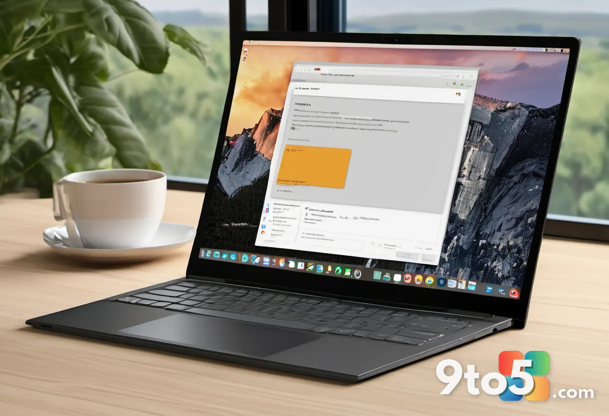 A modern laptop with a Snapdragon processor badge, open on a desk with coffee and notebooks, displaying a Windows update