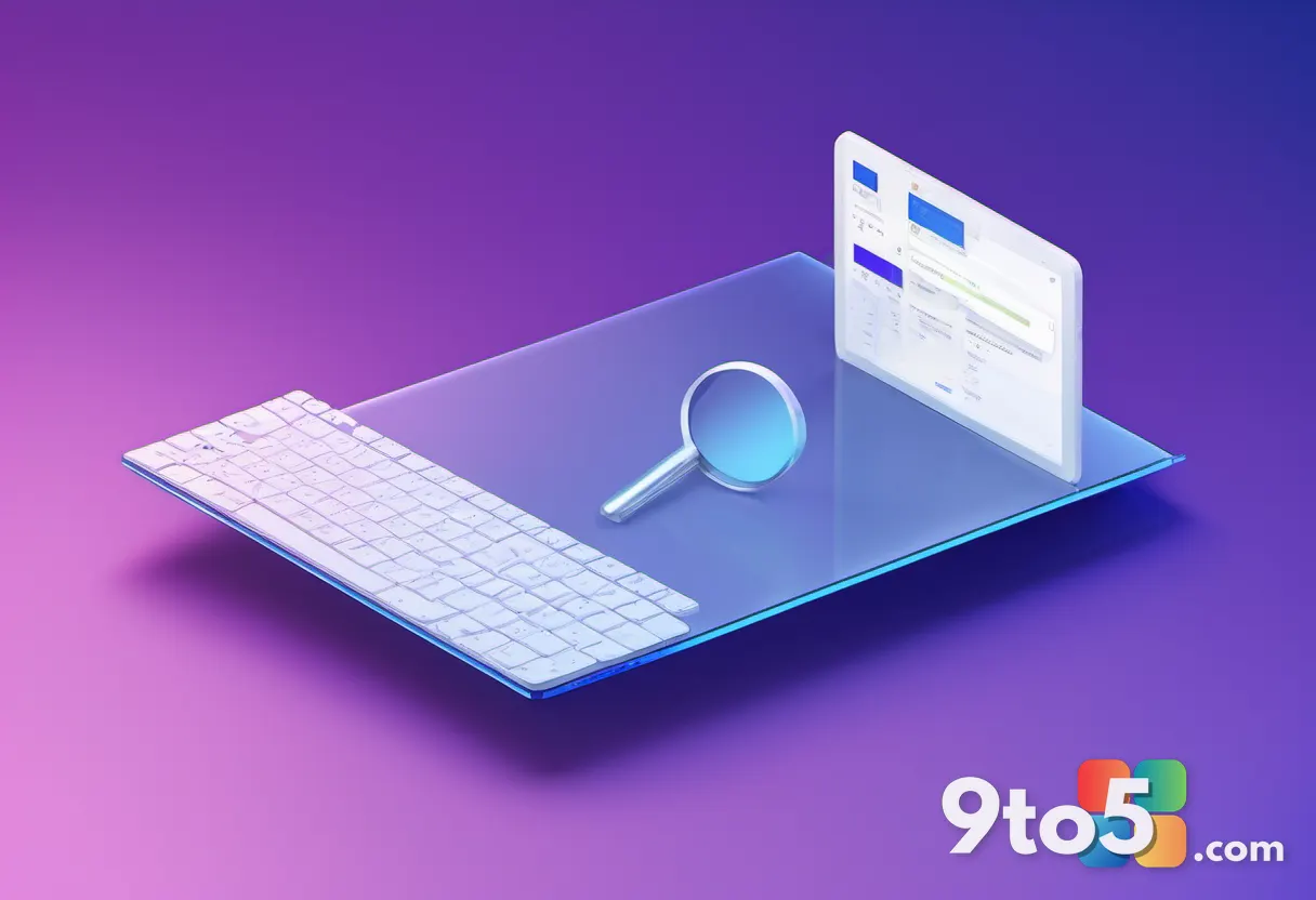 A minimalist illustration of a search bar with floating keyboard keys and a magnifying glass, set against a gradient bac