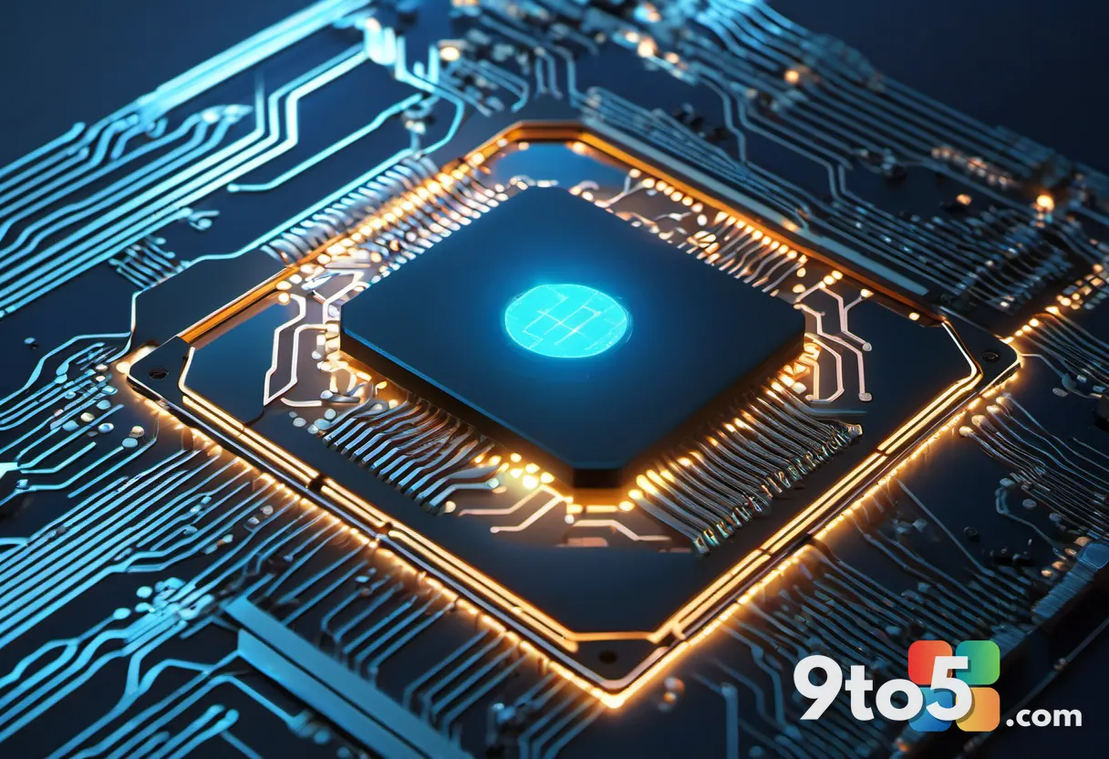 A futuristic CPU chip with glowing circuit pathways and a subtle blue energy aura, representing enhanced processing perf