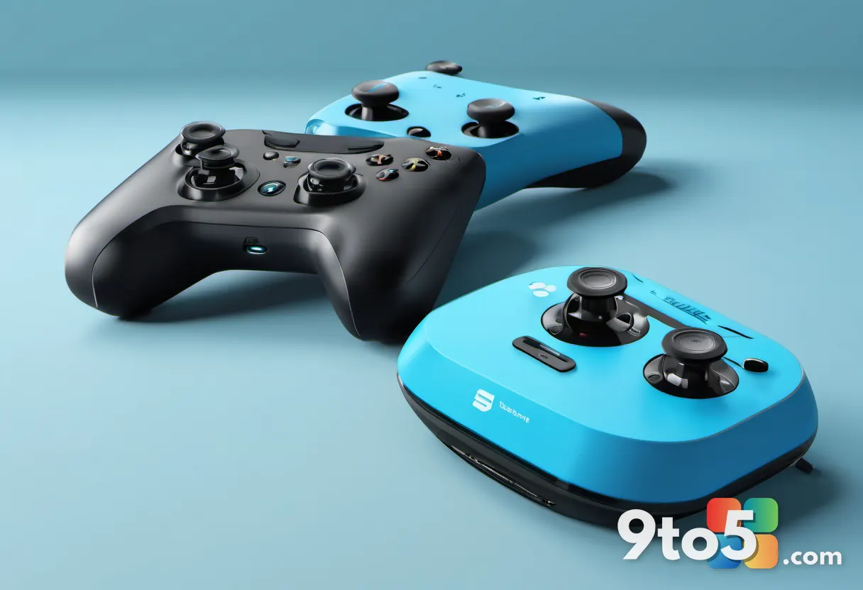 A split composition showing a modern game controller on one side and a stylized Windows logo on the other, soft focus, c