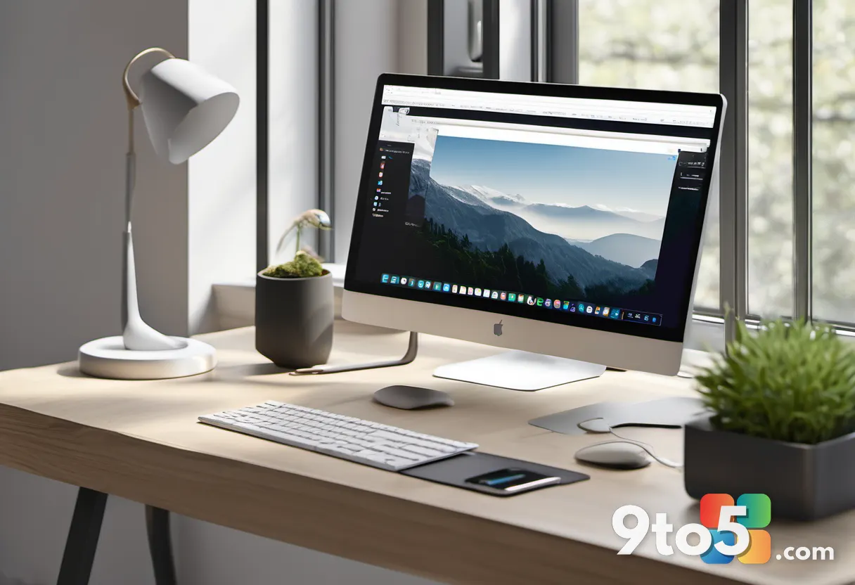 A clean desk setup with a laptop displaying an open-source media player logo, surrounded by minimalist tech accessories,