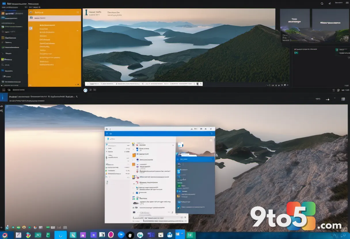 A split view showing a traditional Win32 application window and the modern Windows 11 interface, connected by a glowing 