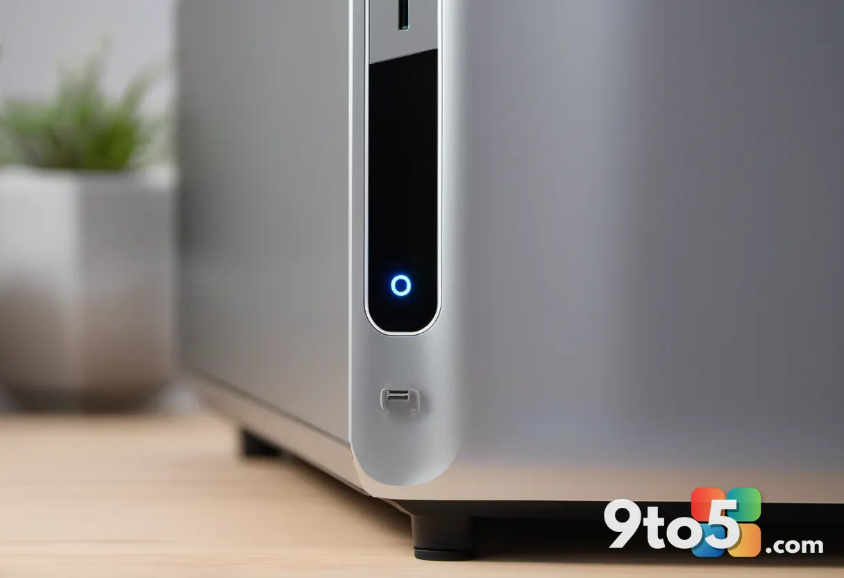 A close-up photo of a finger pressing the power button on a modern desktop PC case, with soft ambient lighting highlight
