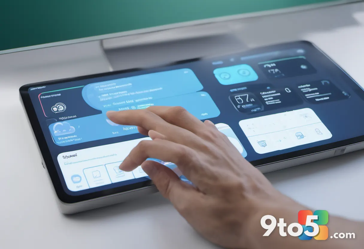 A close-up of a hand adjusting a virtual slider on a transparent touchscreen, surrounded by floating UI panels and setti
