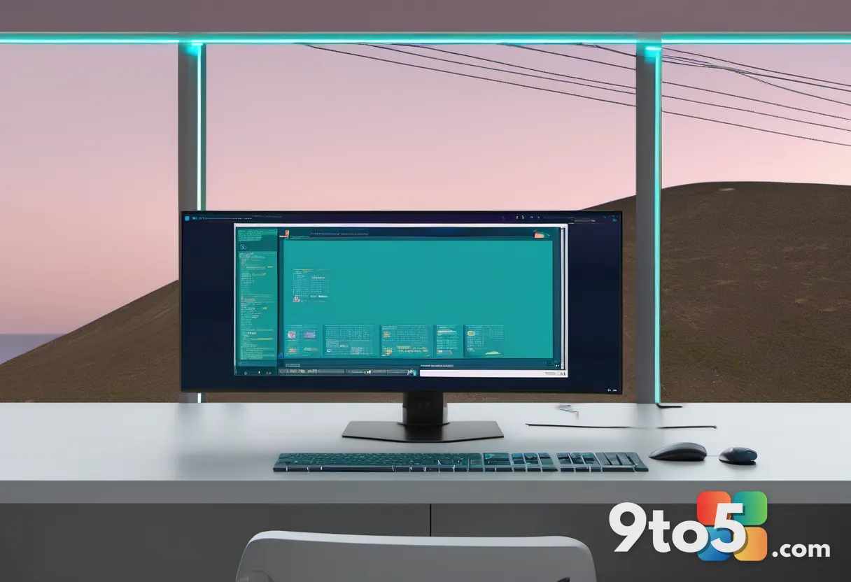 A split-screen composition showing a vintage Windows 95 desktop on one side and a futuristic, minimalist OS interface on