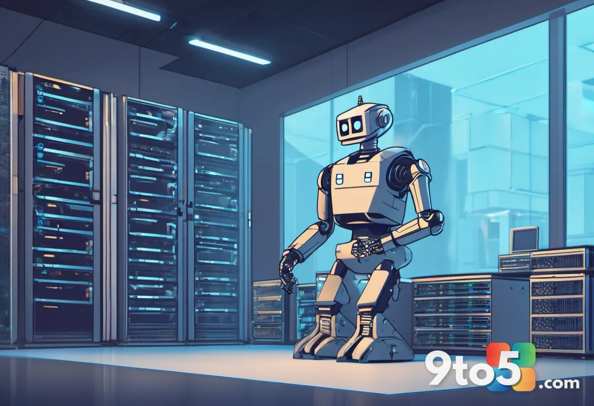A stylized illustration of a robot wearing a hard hat next to a stack of servers, with a large question mark hovering ab