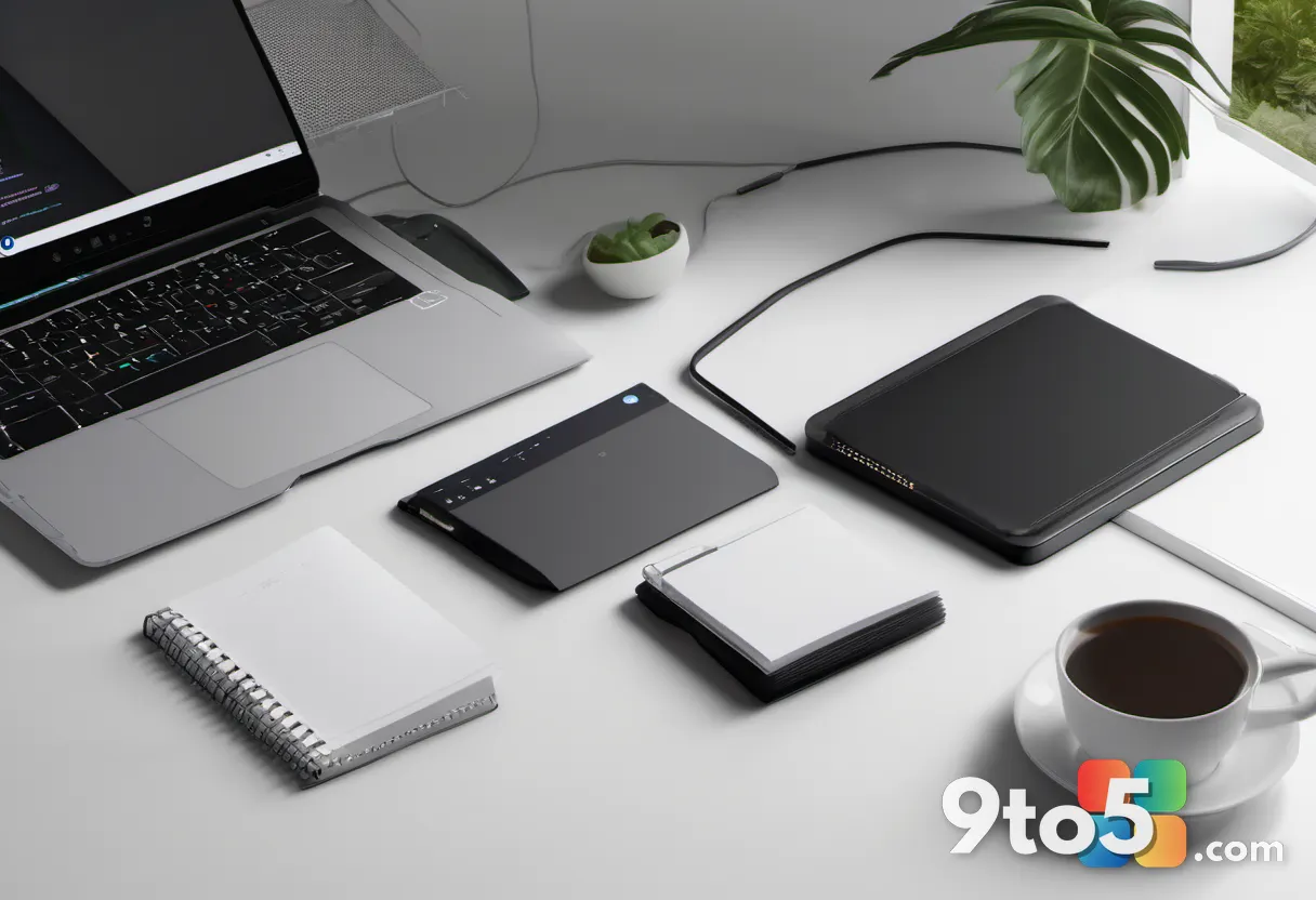 A top-down view of a modern workspace featuring a high-end laptop with a vivid OLED display, a coffee cup, and a noteboo