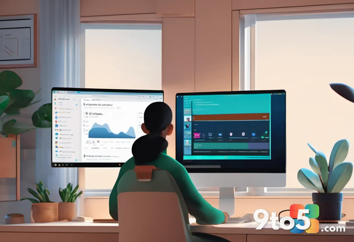 A person using a laptop in a home office, screen showing Windows Update progress, warm lighting, candid lifestyle photog