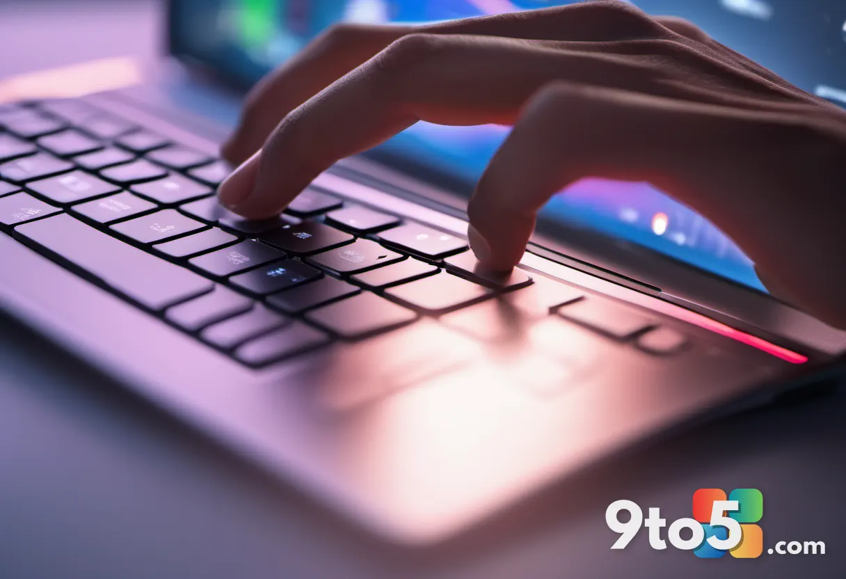 Close-up of a finger tapping a laptop touchpad, focus on the smooth glass surface, warm ambient lighting, shallow depth 