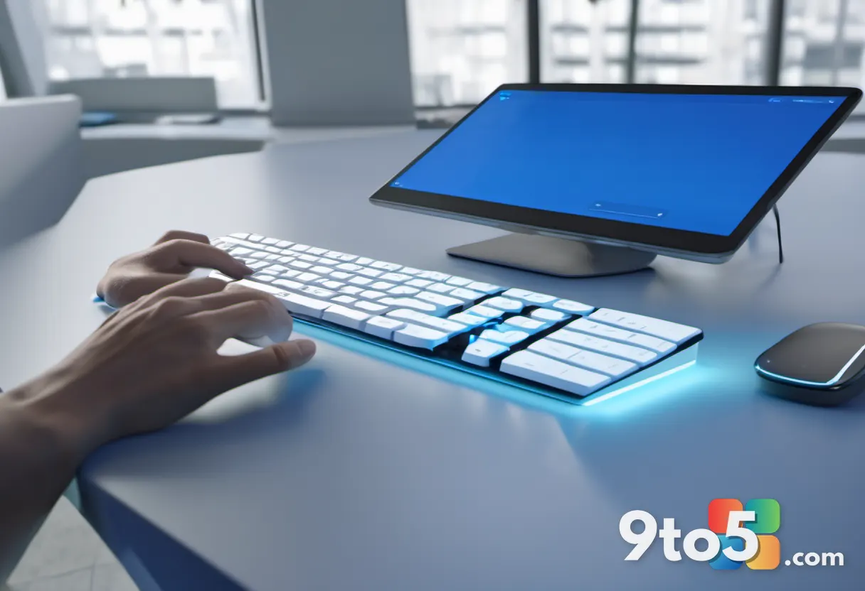 A hand using a numeric keypad to steer a cursor on a screen, accessibility settings interface visible, cool blue tones, 