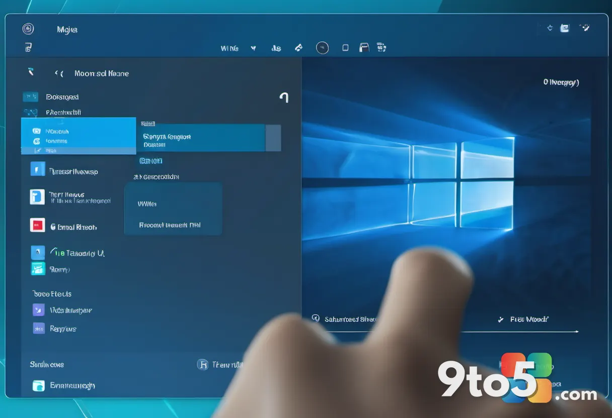 A close-up of a hand right-clicking a translucent Windows 11 interface, cursor hovering over a streamlined menu, cool bl