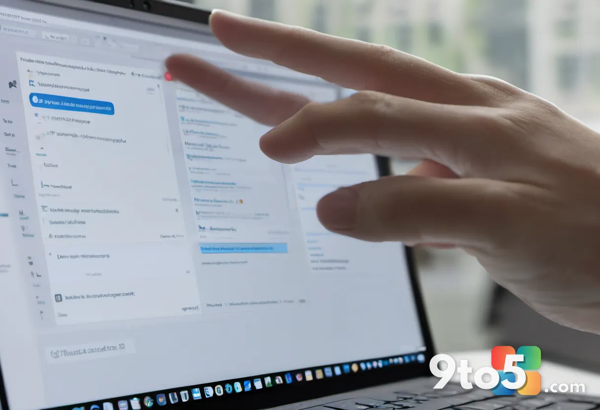 A close-up of a hand hovering over a laptop trackpad, with a translucent context menu floating above the screen showing 
