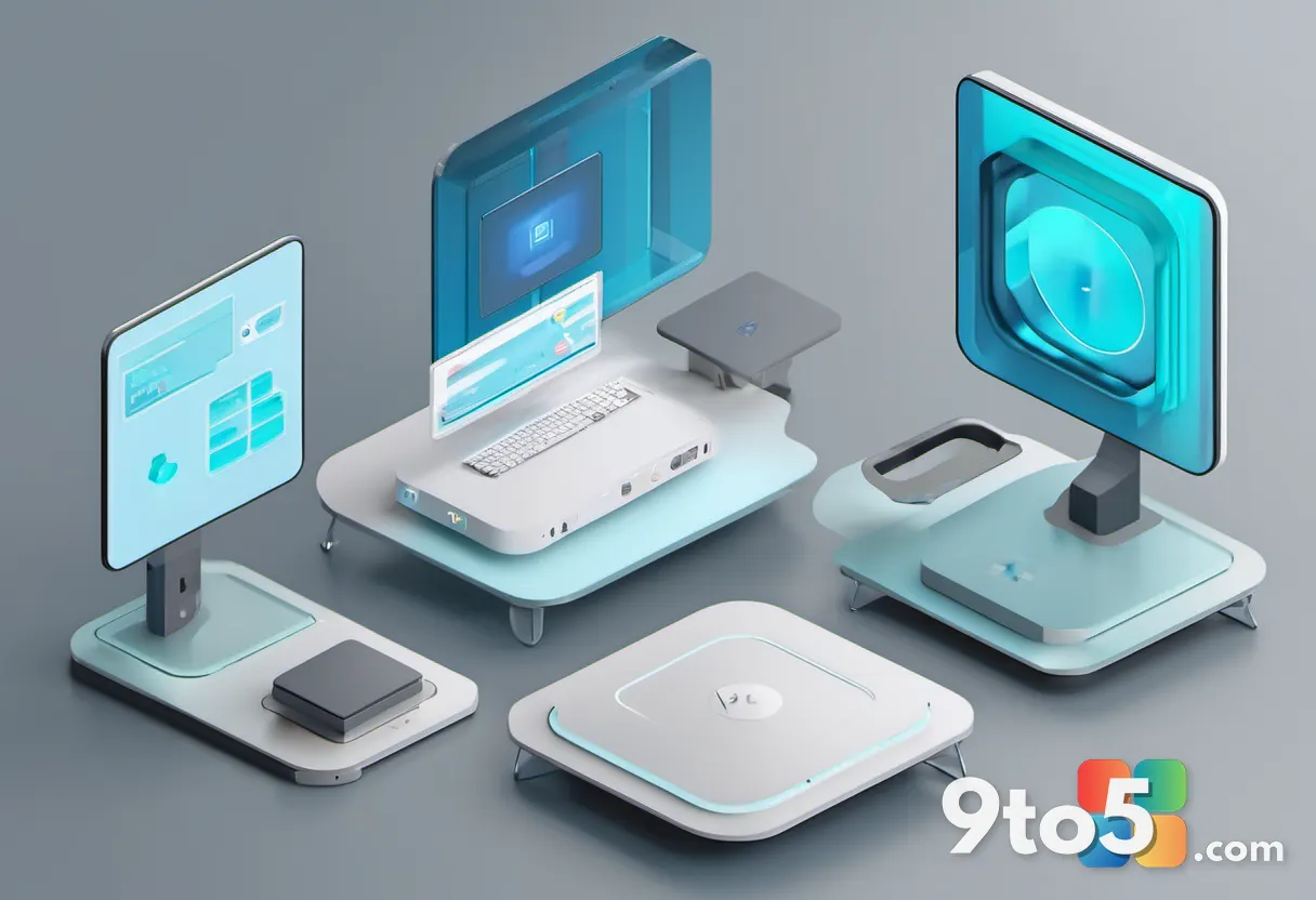 A clean isometric illustration of a Windows 11 Settings window with a channel selection menu and a circular progress arr