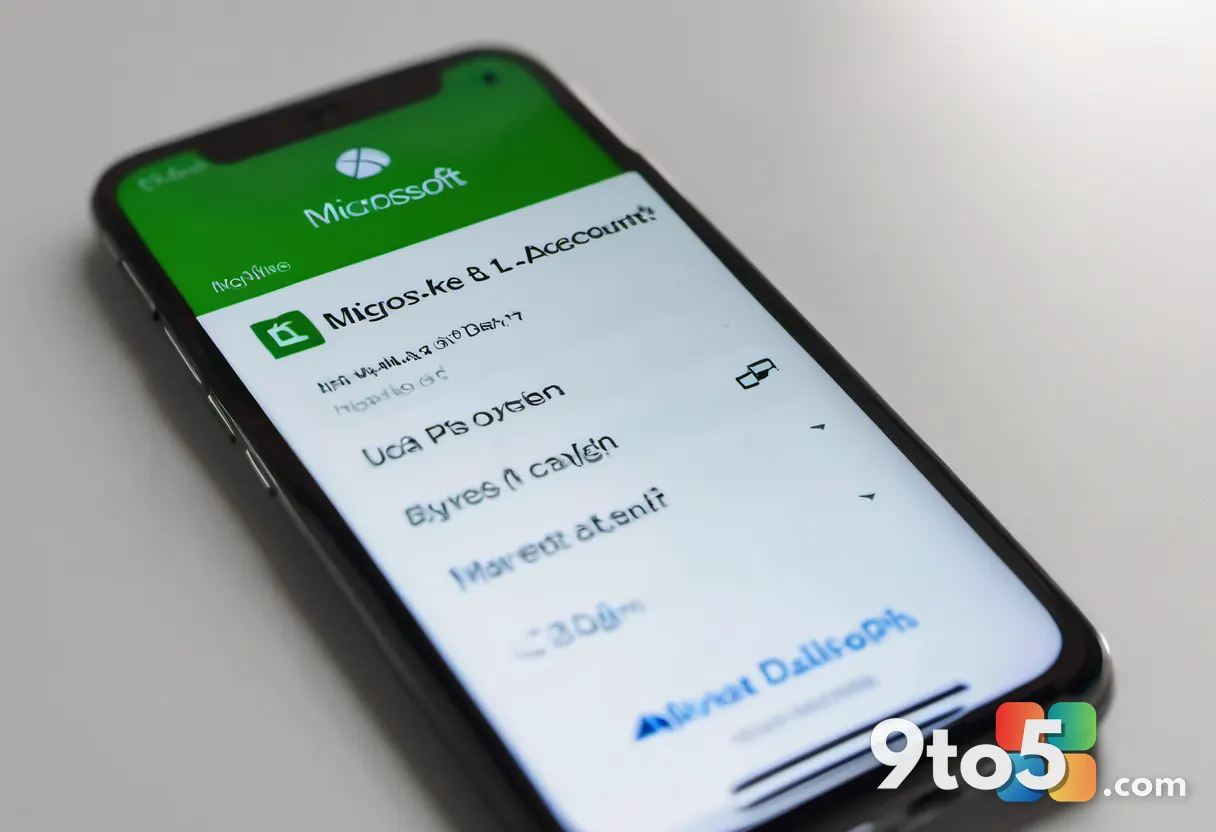 A close-up photograph of a smartphone screen showing a Microsoft account login prompt with a blurred office background, 