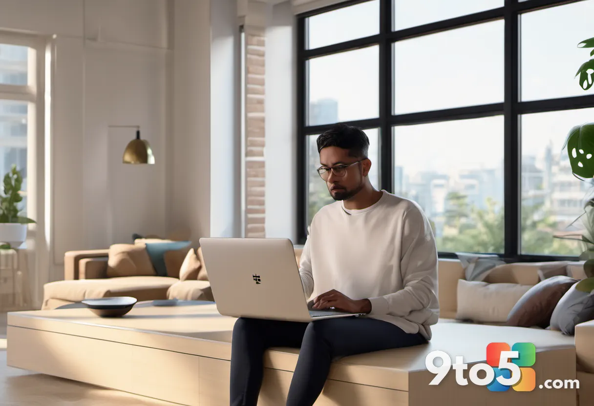 A person holding a laptop with a frustrated expression, sitting in a bright modern living room, with a coffee cup and ca