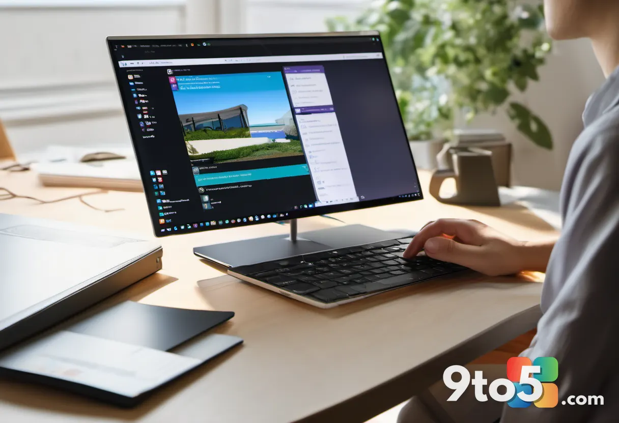 A person working at a laptop in a bright home office, the screen showing File Explorer with multiple document thumbnails