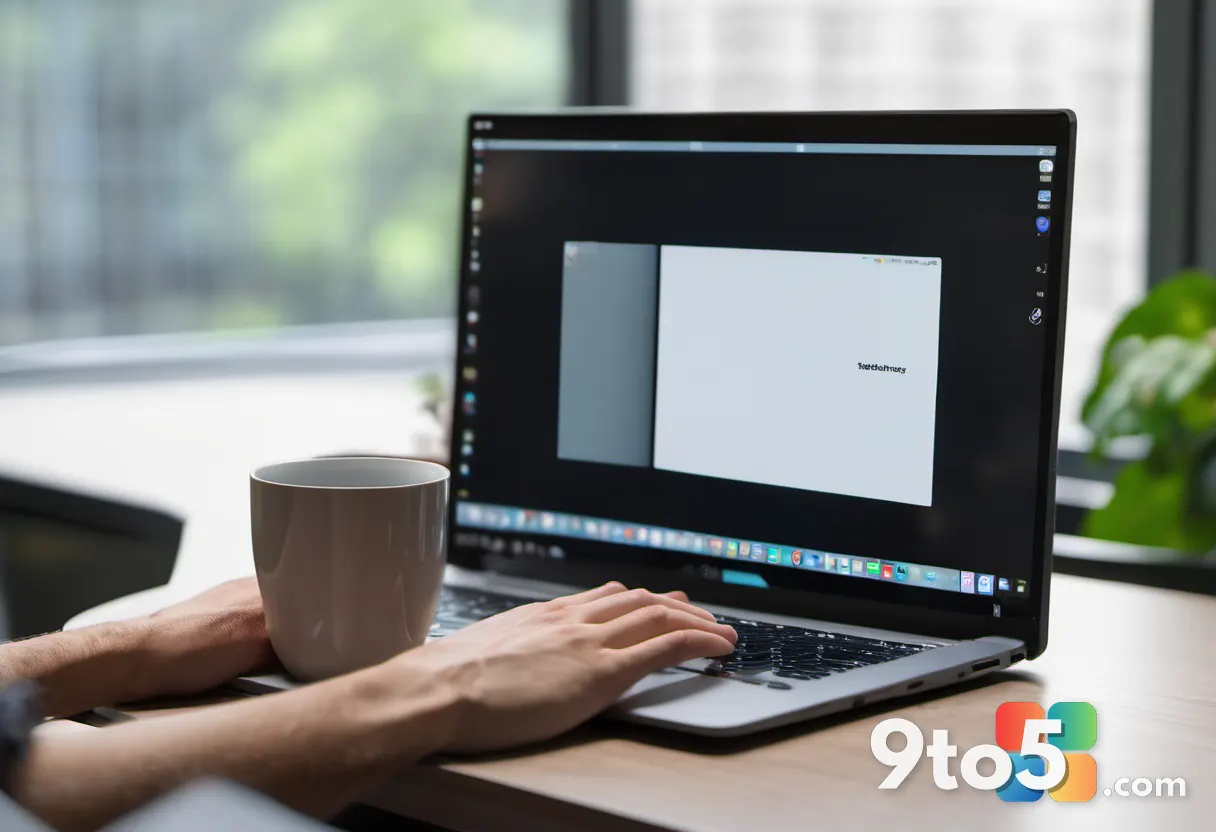 A close-up photograph of a hand adjusting a physical privacy shutter on a laptop webcam, with a blurred desk and coffee