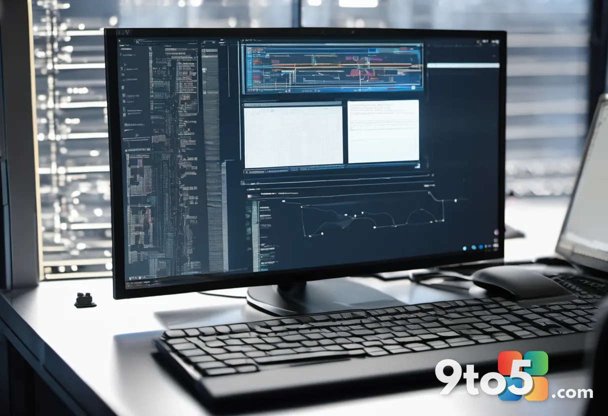 A close-up of a developer's hands on a keyboard in a dimly lit room, a monitor showing lines of disassembled code and a 