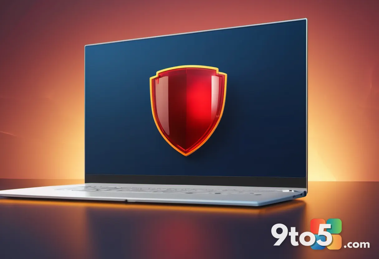 A Windows Security shield icon glowing with a red 'antivirus off' warning pop-up floating beside it, blue and amber tone