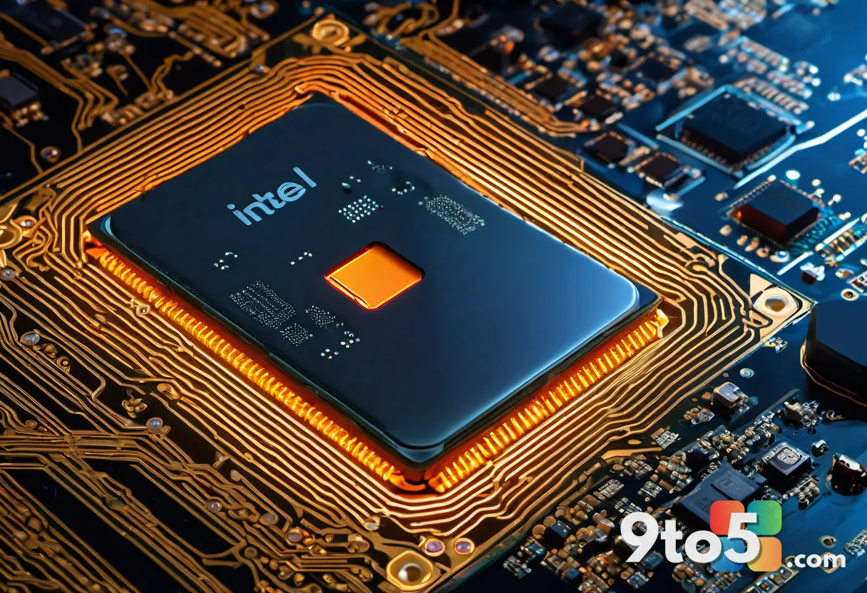 A close-up of an Intel hybrid processor chip with two distinct types of cores glowing — bright orange performance cores 
