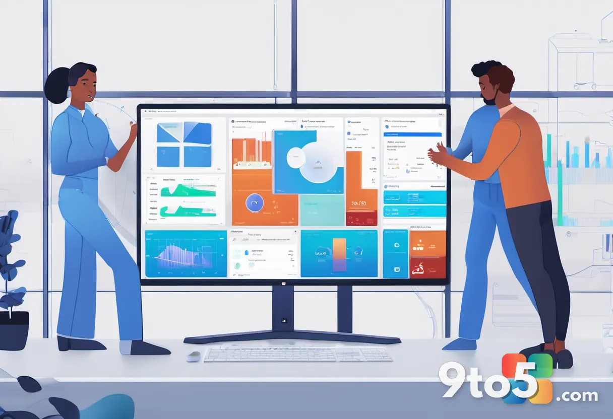 A diverse group of professionals collaborating around a large screen showing Windows 11 system health metrics, emphasizi