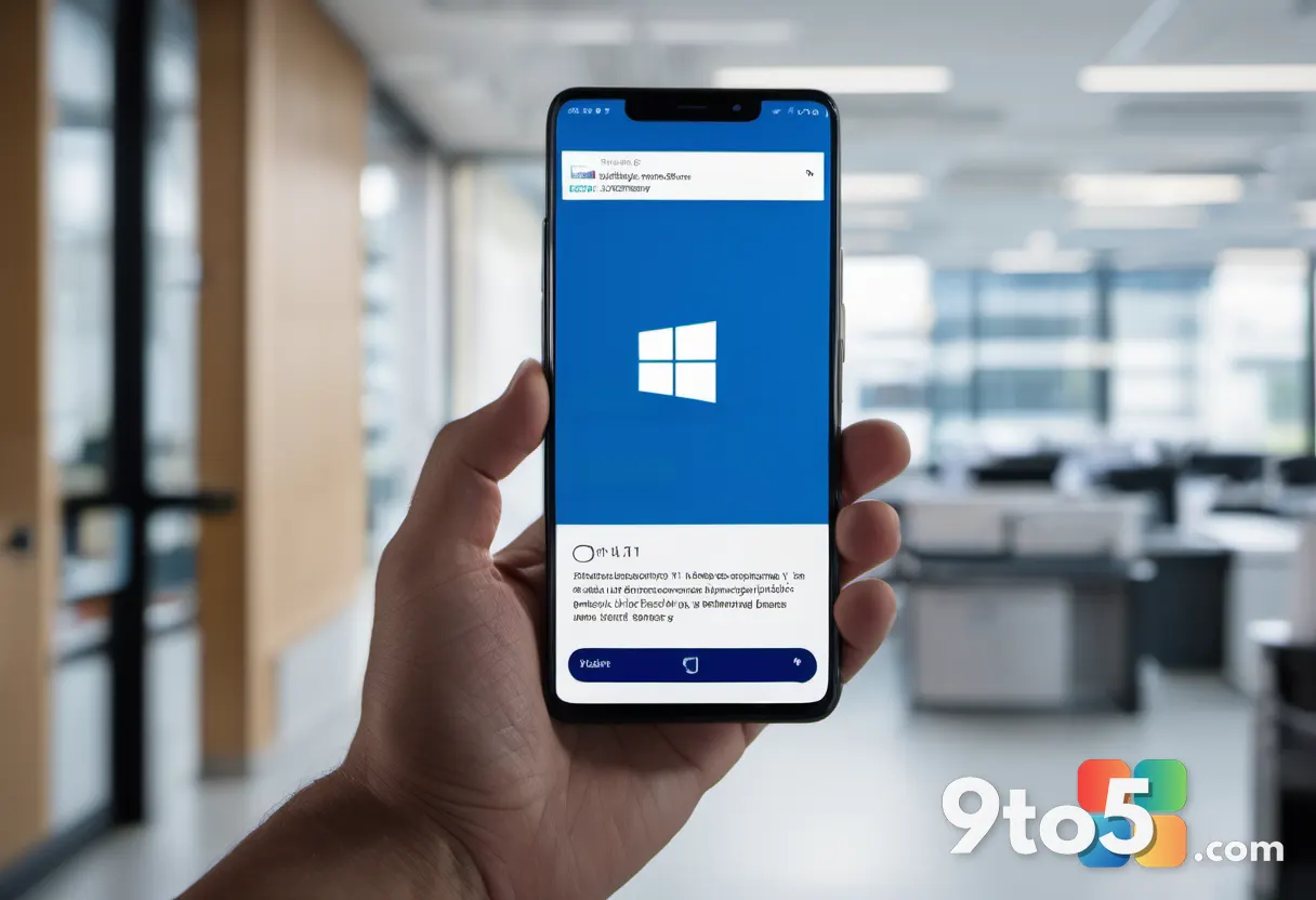 A hand holding a smartphone displaying the Windows 11 logo, with a blurred background of a busy office, highlighting mob