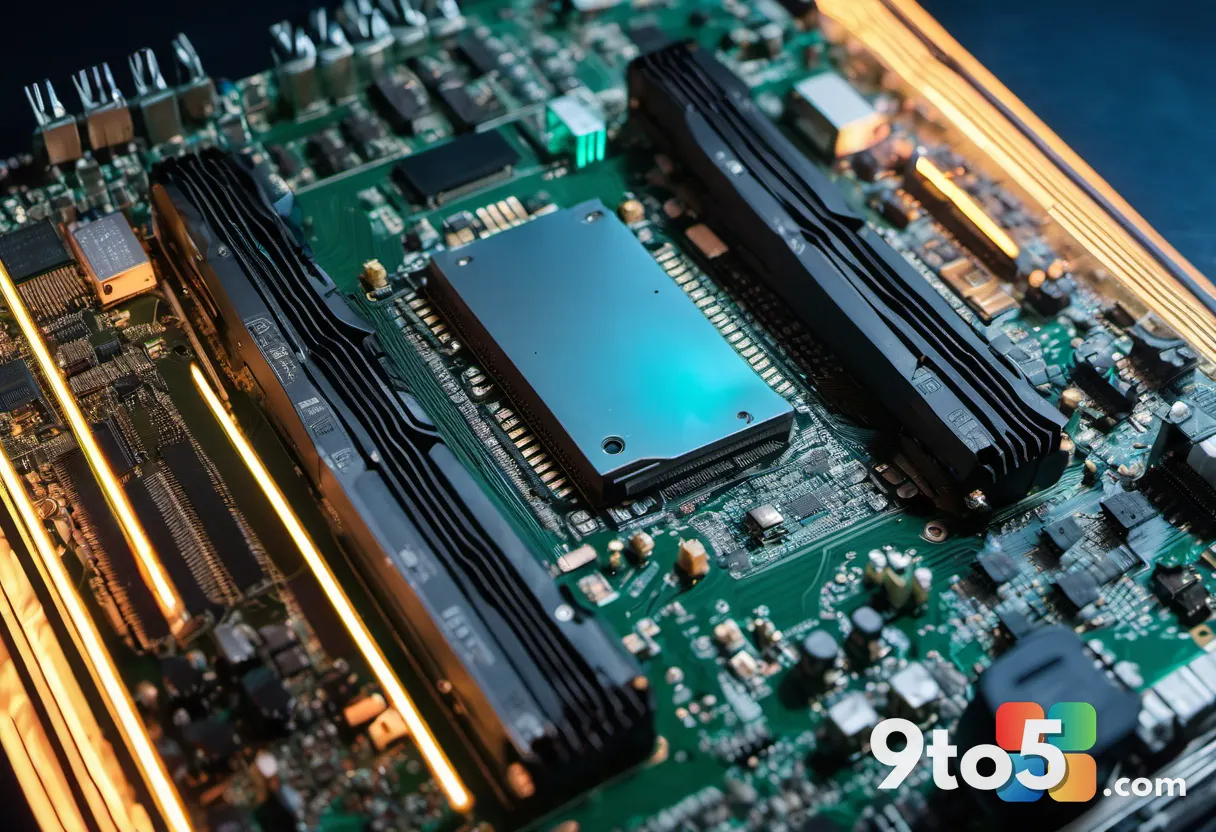 A close-up of a computer motherboard with a glowing M.2 NVMe slot highlighted, copper PCIe traces visible against a dark