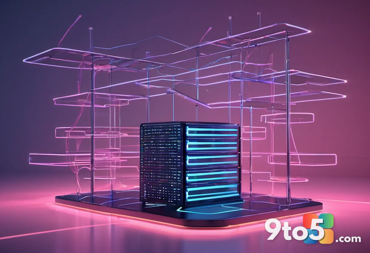 A 3D render of a database structure with glowing connection lines pointing to various folder icons, symbolizing automati