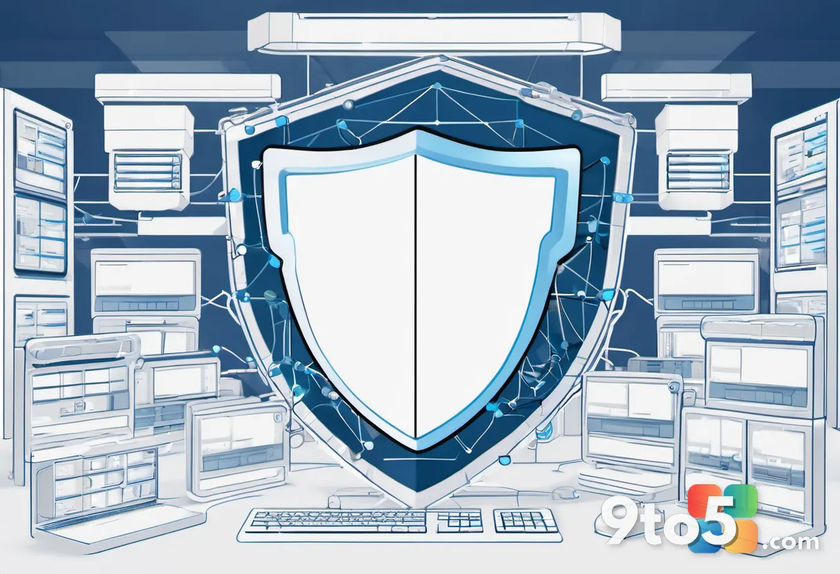 A stylized illustration of the PowerShell logo surrounded by interconnected nodes and security shields, representing mod