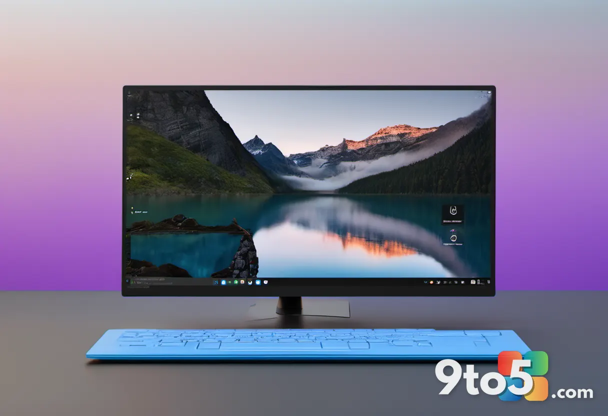 Windows 11 desktop with the Taskbar docked along the top edge of the screen, app icons aligned horizontally, wallpaper v