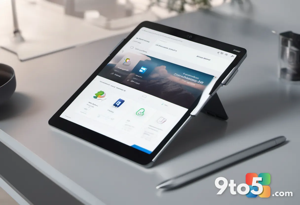 A close-up, top-down view of a hand tapping a share icon on a sleek Windows 11 tablet, with a soft bokeh background of a