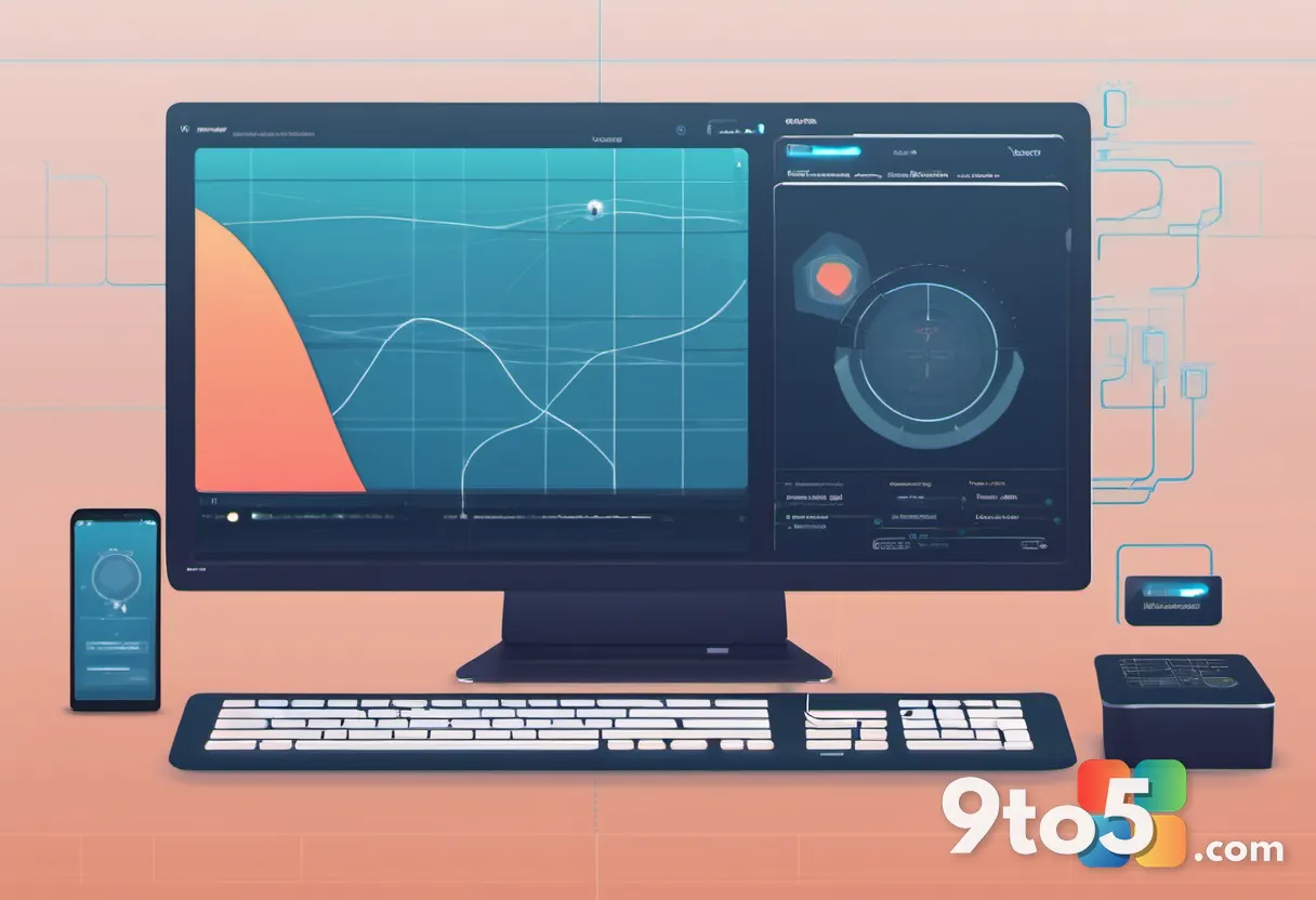 A stylized digital diagram showing a Windows PC wirelessly transmitting a file to a smartphone and a laptop, with subtle