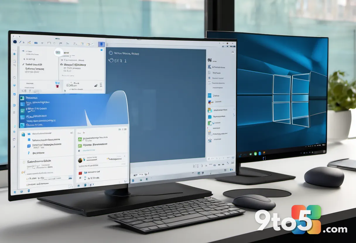 A split view of a Windows 11 desktop with a privacy dashboard overlay highlighting app icons, soft focus background, blu
