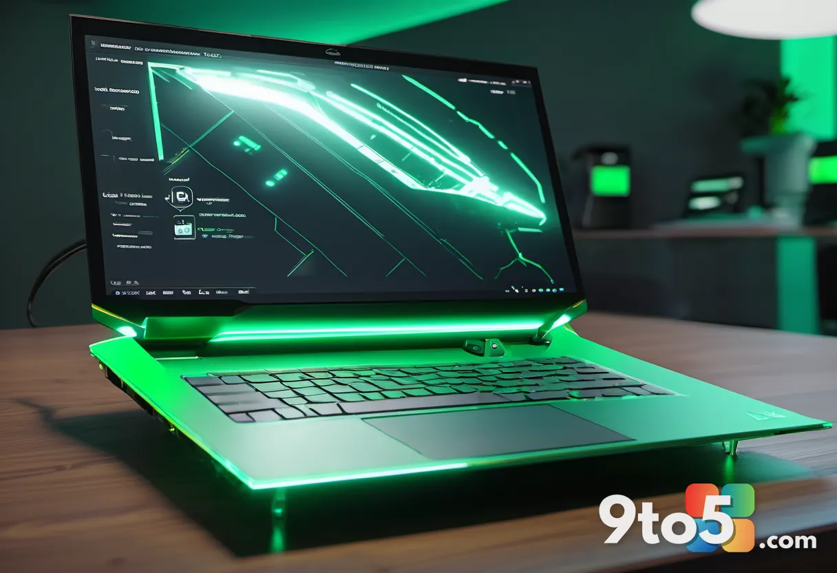 A futuristic laptop with a glowing NVIDIA-style green accent, open on a modern desk with subtle circuit-board textures i