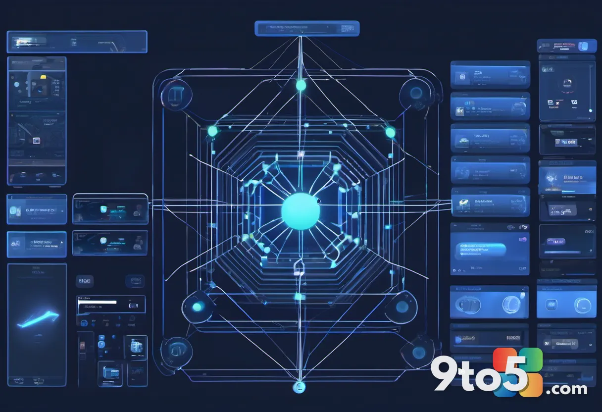 An abstract illustration of a large neural network model visualized as glowing nodes inside a transparent memory block, 