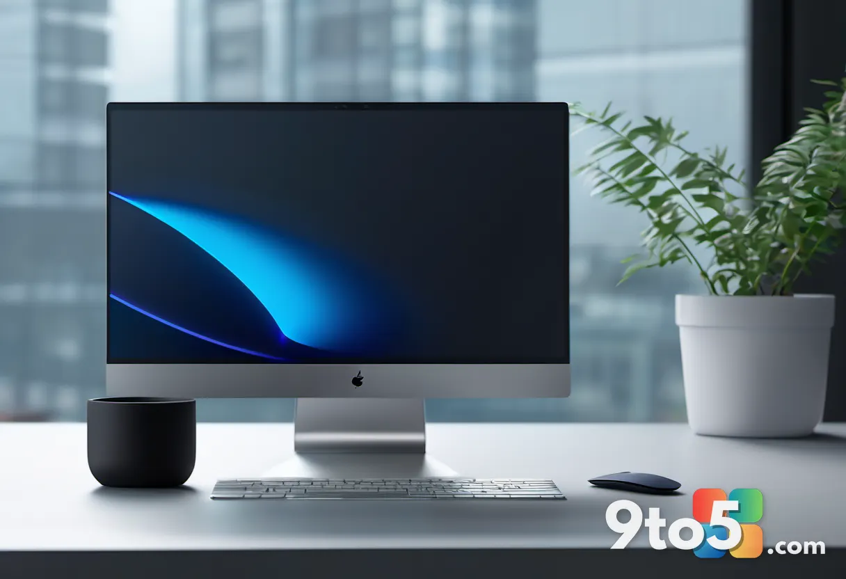 A sleek modern laptop on a minimalist desk, its screen showing a high-end game in progress with a soft blue UI glow, sha