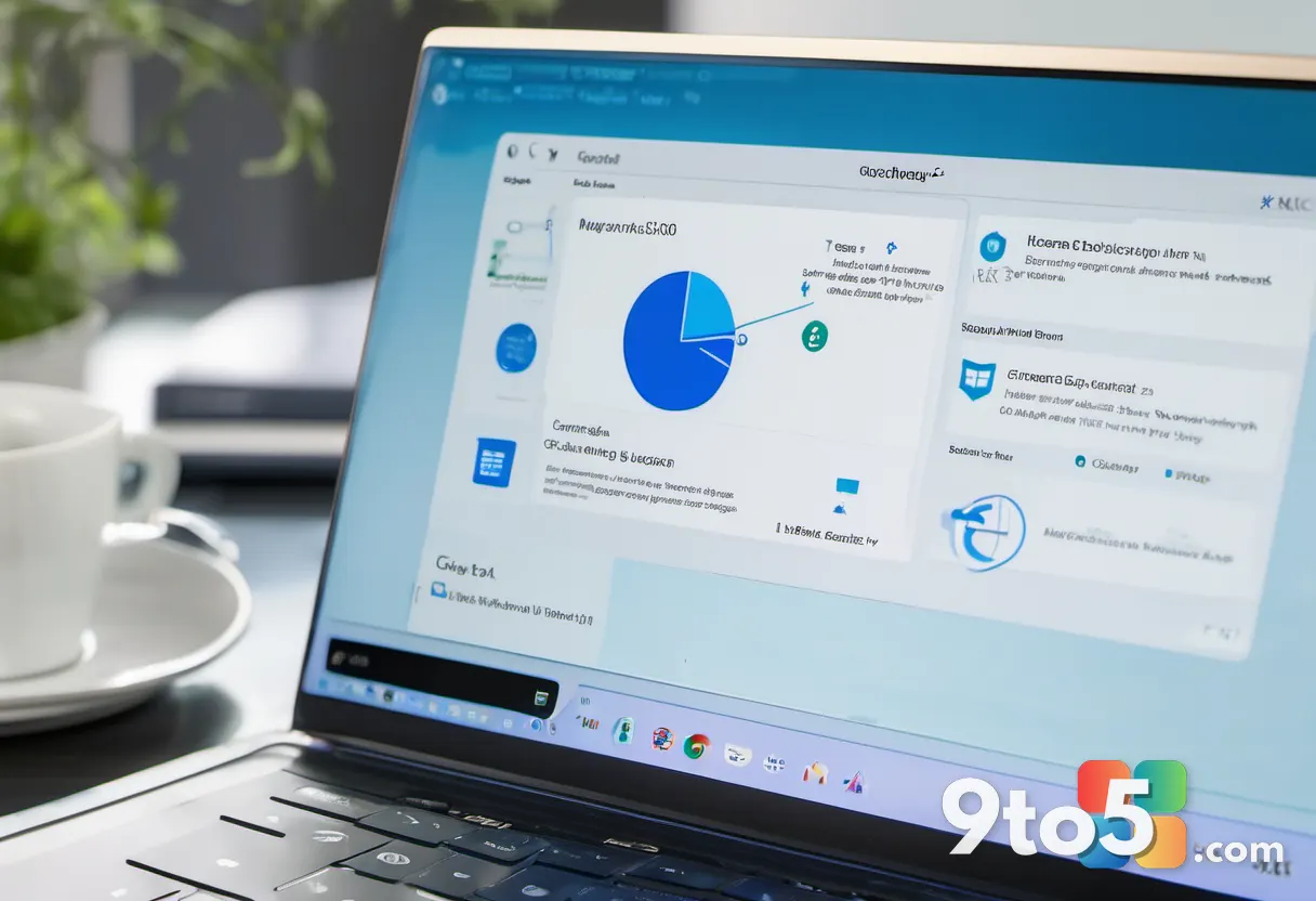 A close-up of a modern laptop screen showing a clean Windows 11 Settings and Windows Update interface, soft focus office