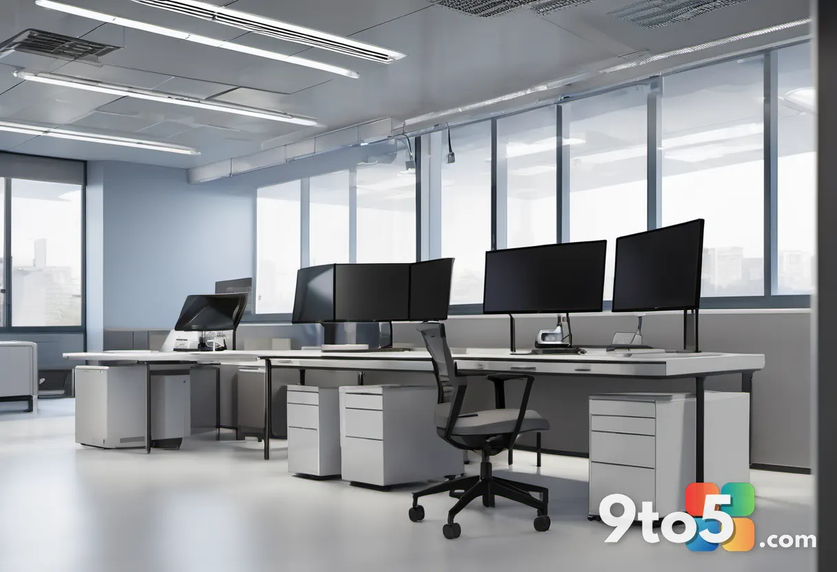 An IT administrator's workspace with multiple monitors displaying dashboards and deployment tools, warm ambient lighting