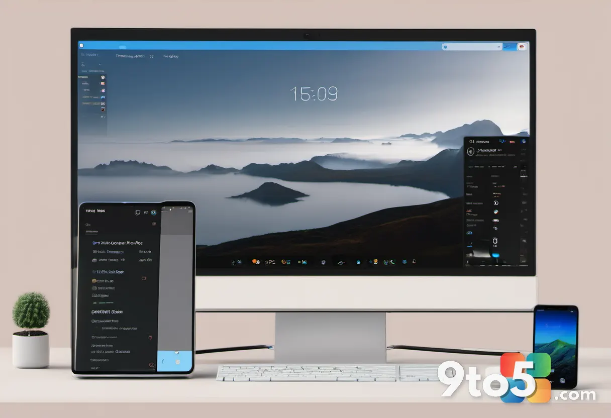 A minimalist desk setup with a laptop and a smartphone, both displaying weather widgets, with a subtle memory gauge over