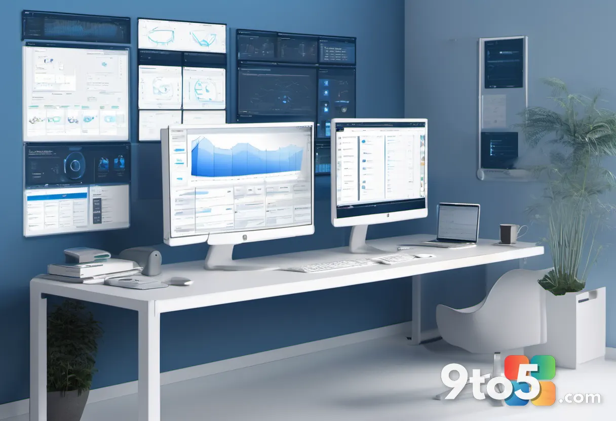 A sleek developer workspace with dual monitors displaying WinUI 3 framework diagrams and native app architecture flowcha