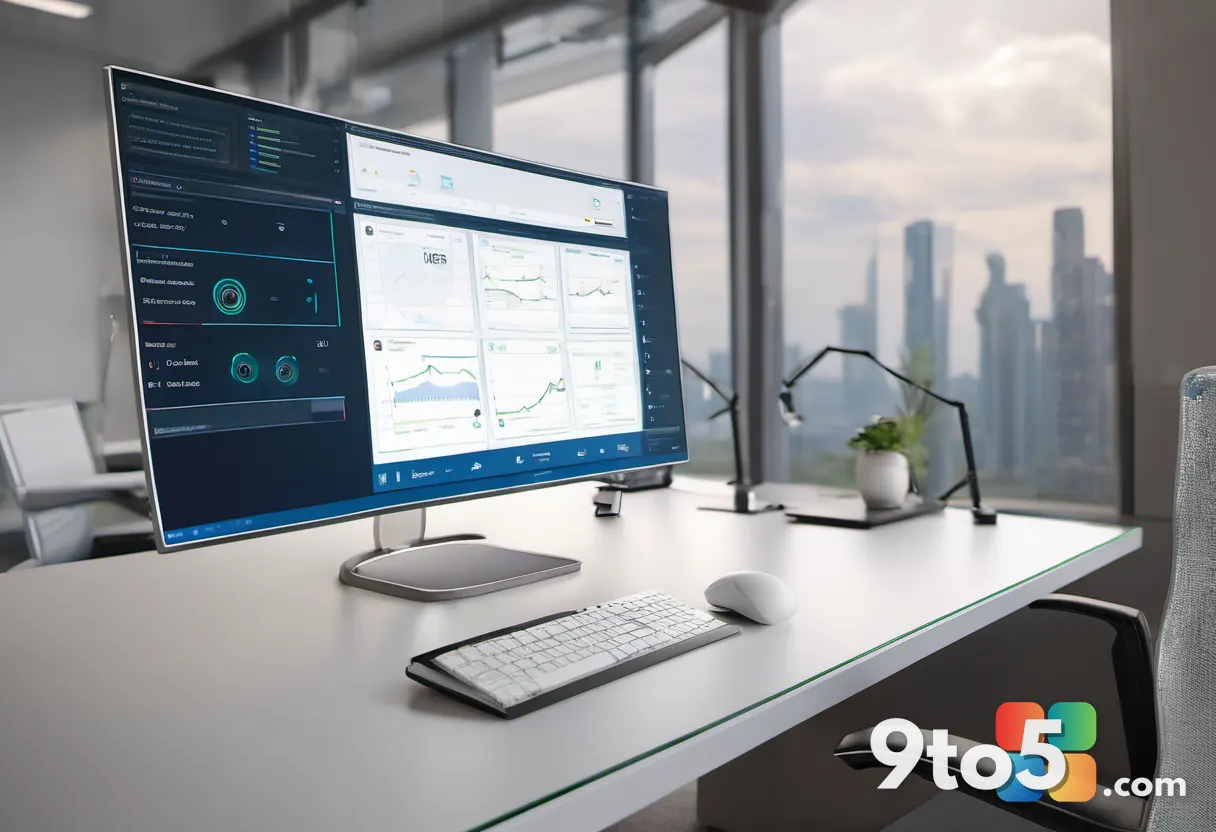 A close-up of a modern office desk with a sleek monitor displaying a secure cloud dashboard, surrounded by subtle digita