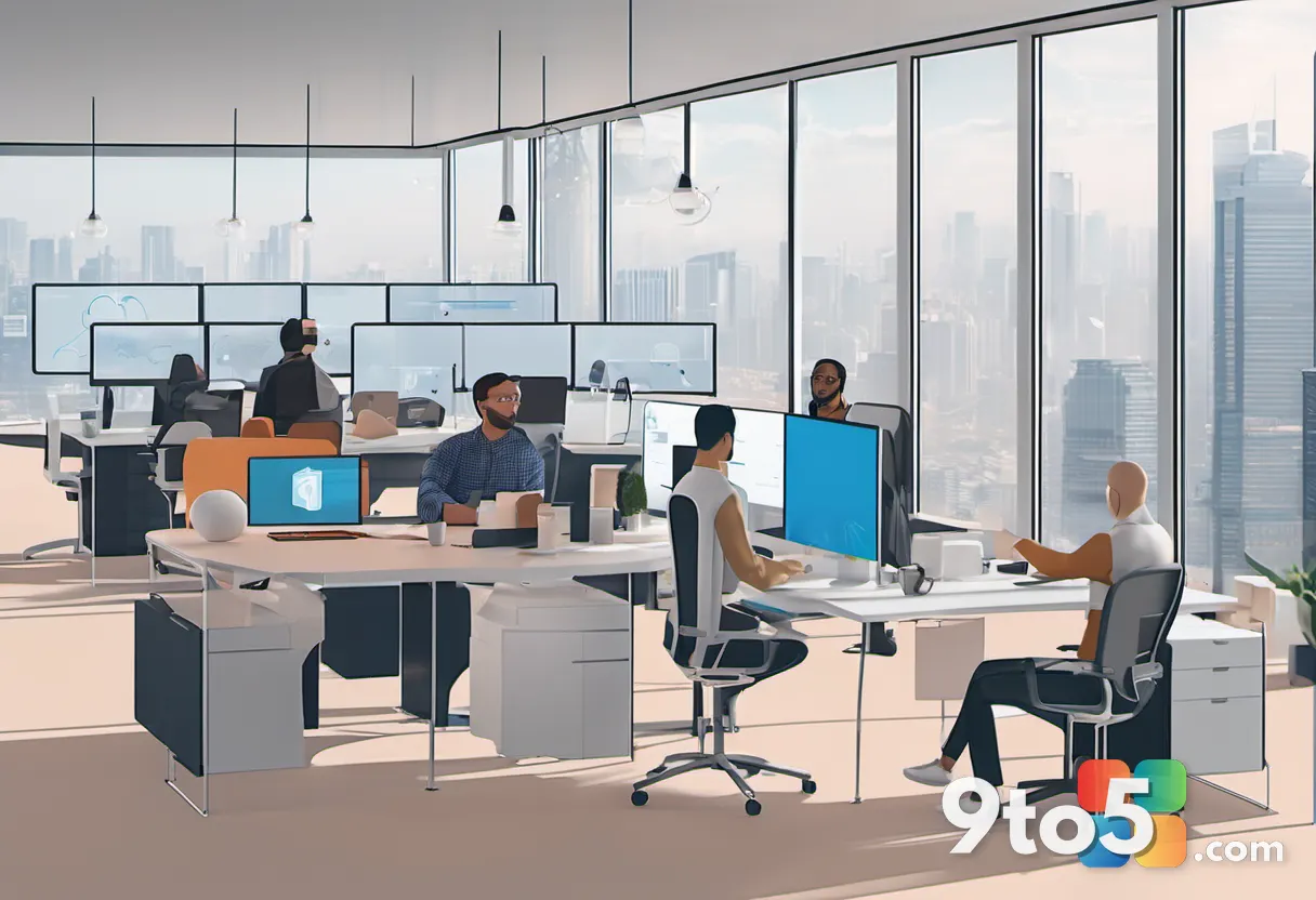 A diverse group of professionals collaborating in a modern hybrid workspace, with transparent digital overlays showing s