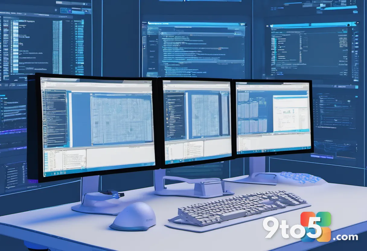 A developer's workstation with multiple screens showing code editors and terminal windows, bathed in cool blue light, em