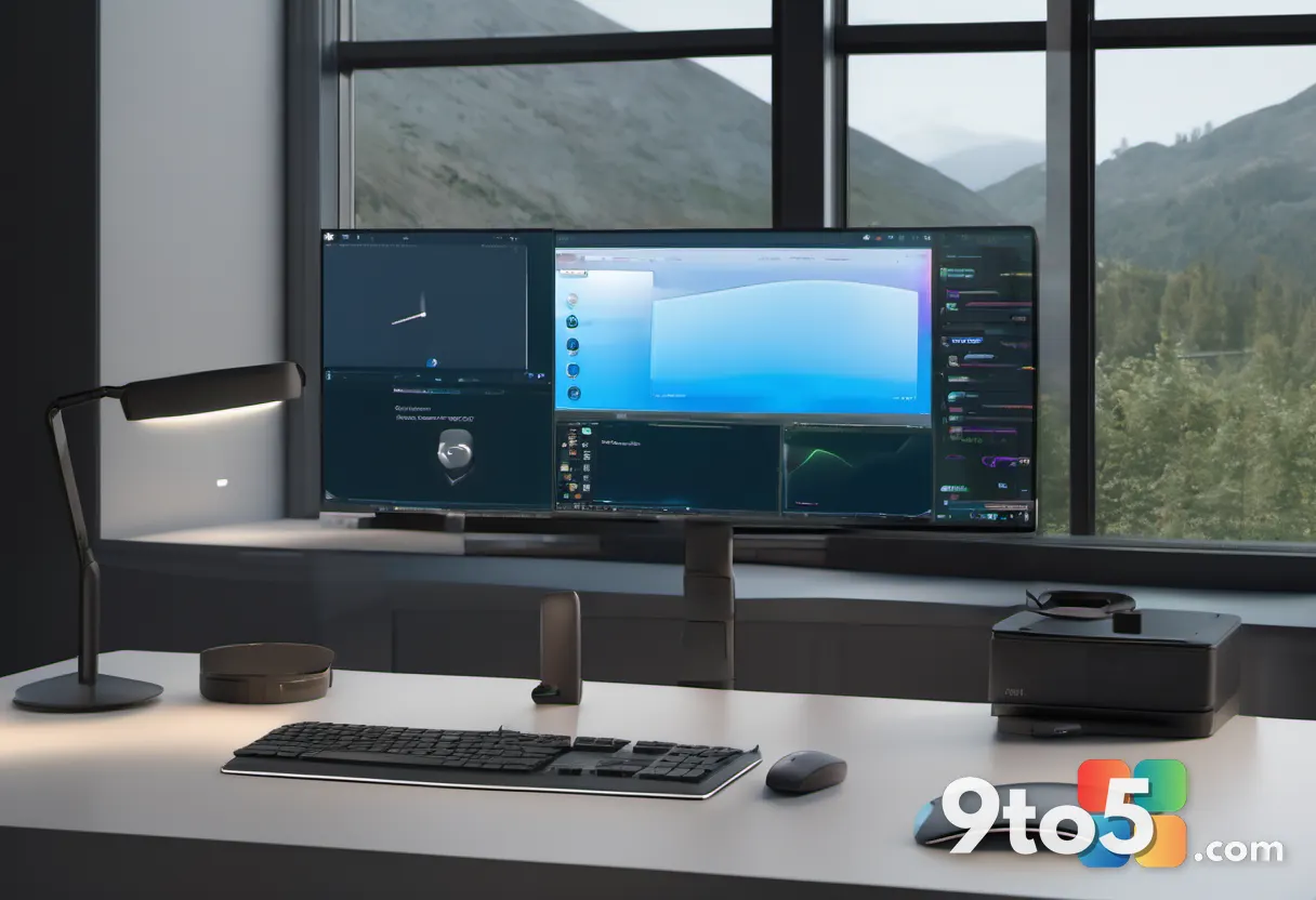 A professional workspace featuring a minimalist monitor displaying a virtual desktop interface, surrounded by subtle hol