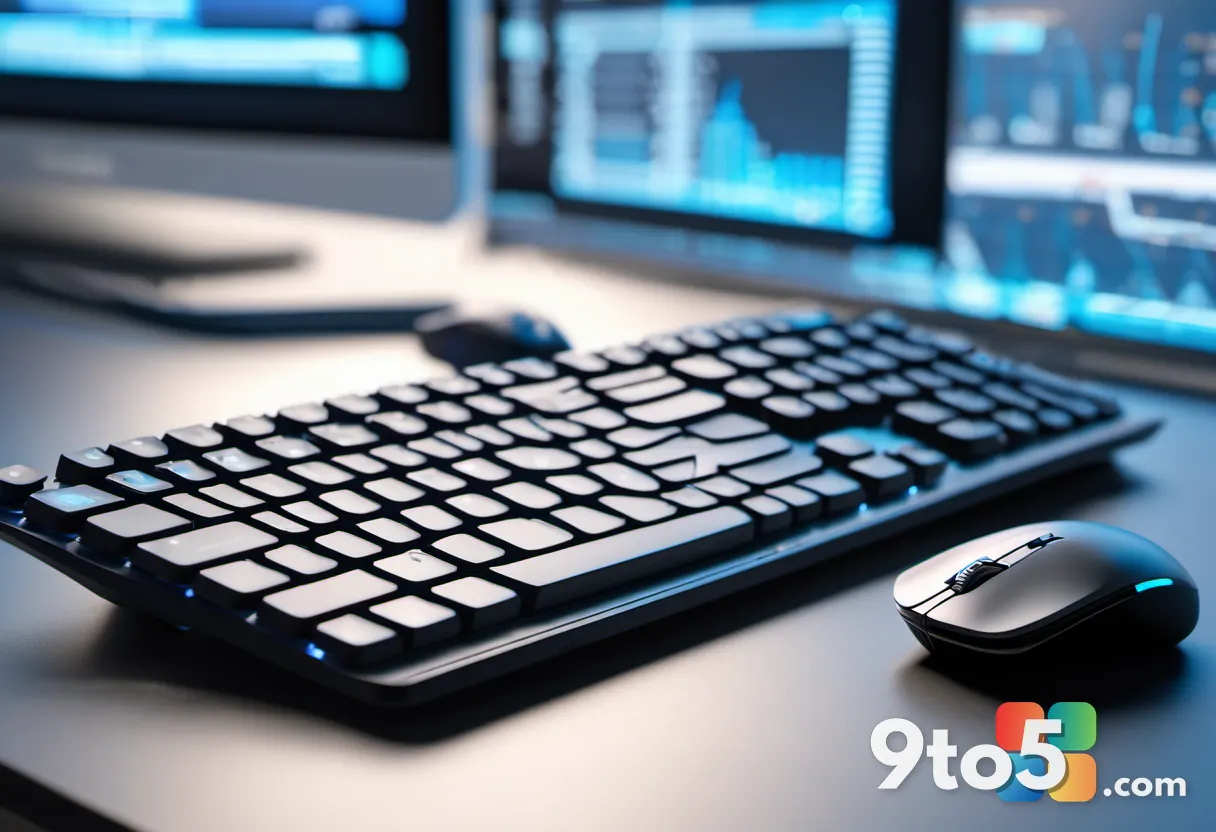 A close-up of a modern keyboard and mouse on a clean desk, with a soft blue glow emanating from a nearby screen, represe